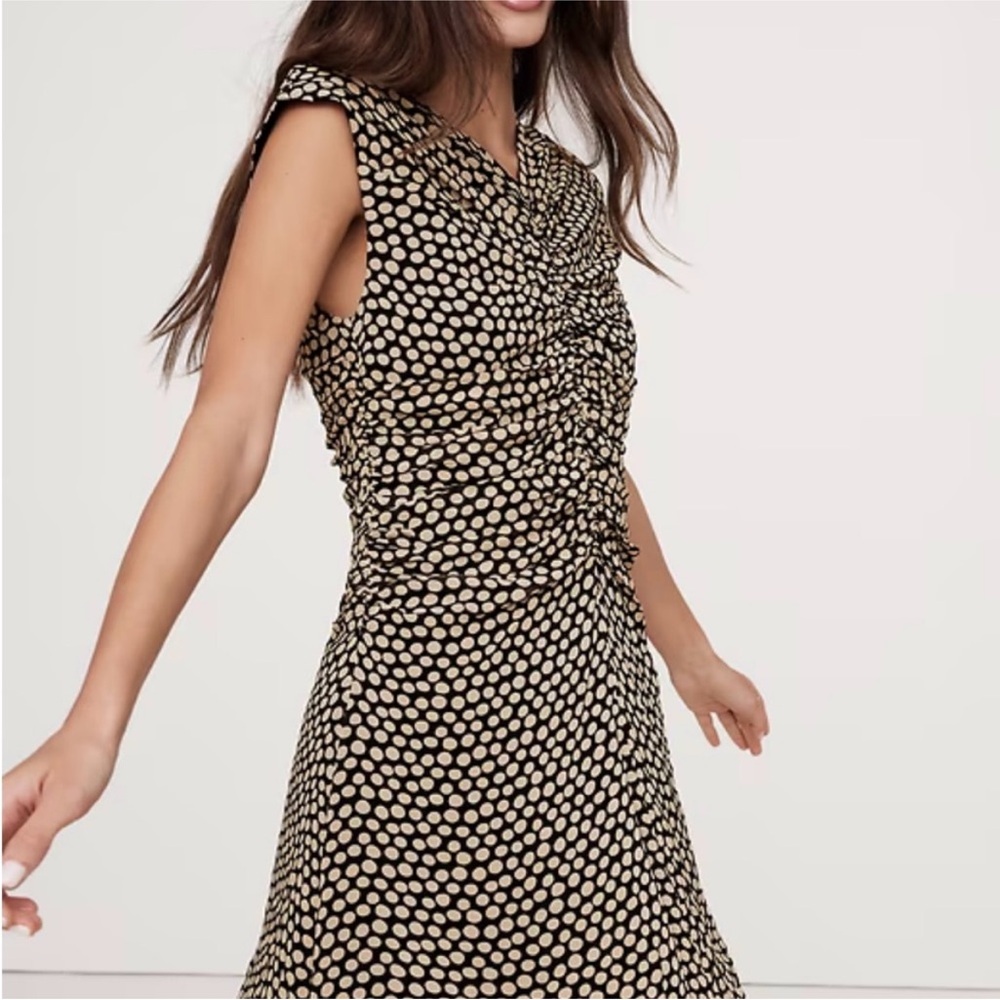 Banana Republic Georgette Ruched Mini Dress Black Tan Dot Size 16